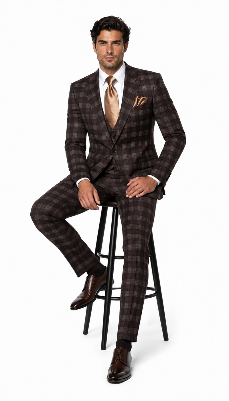 Rossi Man MAX RM1735 Slim Fit 3-Piece Brown Suit Modern Formalwear for Men