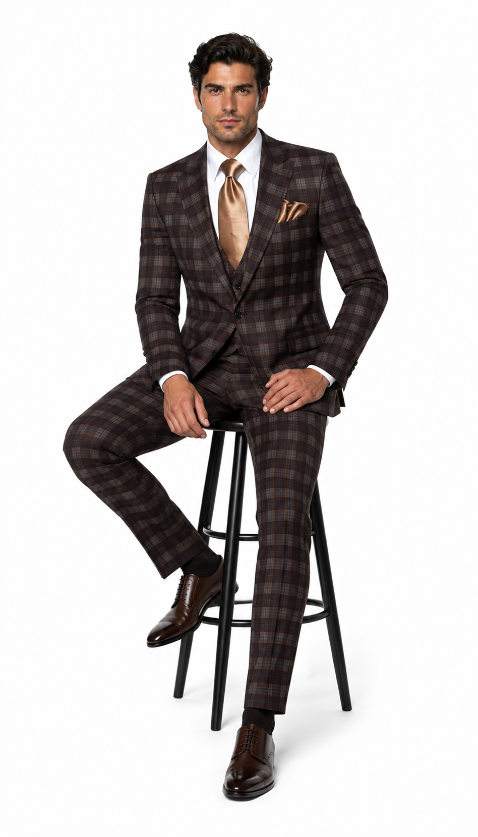 Rossi Man MAX RM1735 Slim Fit 3-Piece Brown Suit Modern Formalwear for Men