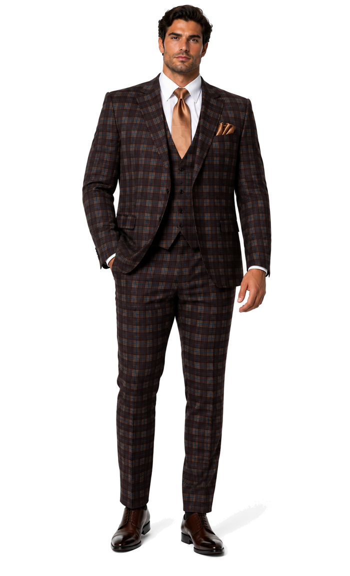 Rossi Man MAX RM1735 Slim Fit 3-Piece Brown Suit Modern Formalwear for Men
