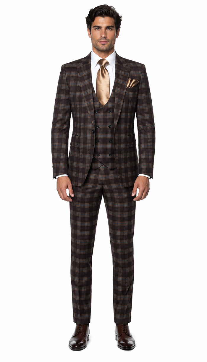 Rossi Man MAX RM1735 Slim Fit 3-Piece Brown Suit Modern Formalwear for Men