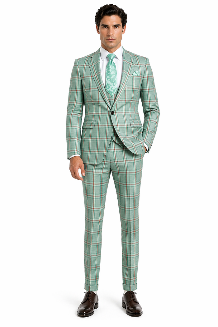 Rossi Man MAX RM1825 Slim Fit 3-Piece Mint Green Suit â€“ Modern Formalwear for Men