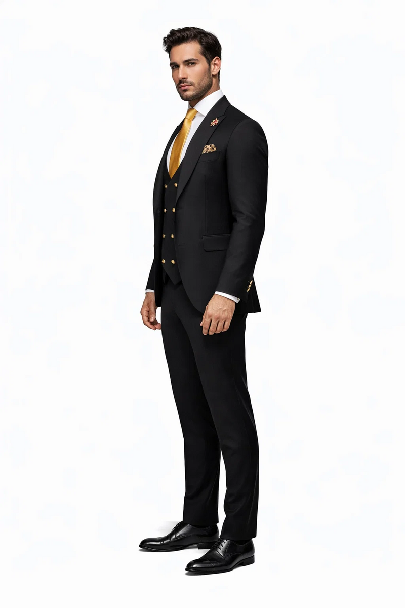Rossi Man Mens Black Slim Fit Suit Double-Breasted Modern Classic