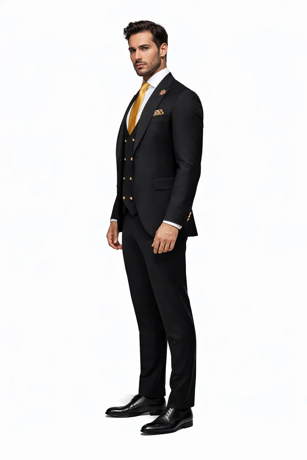 Rossi Man Mens Black Slim Fit Suit Double-Breasted Modern Classic