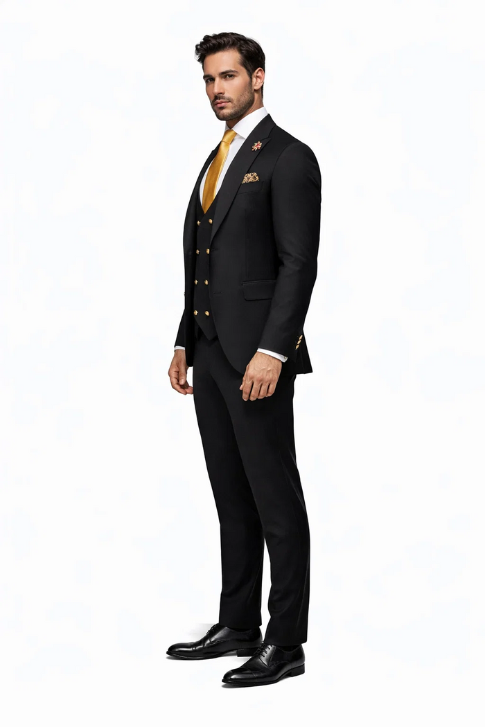 Rossi Man Mens Black Slim Fit Suit Double-Breasted Modern Classic