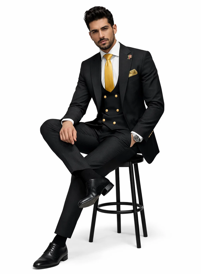 Rossi Man Mens Black Slim Fit Suit Double-Breasted Modern Classic
