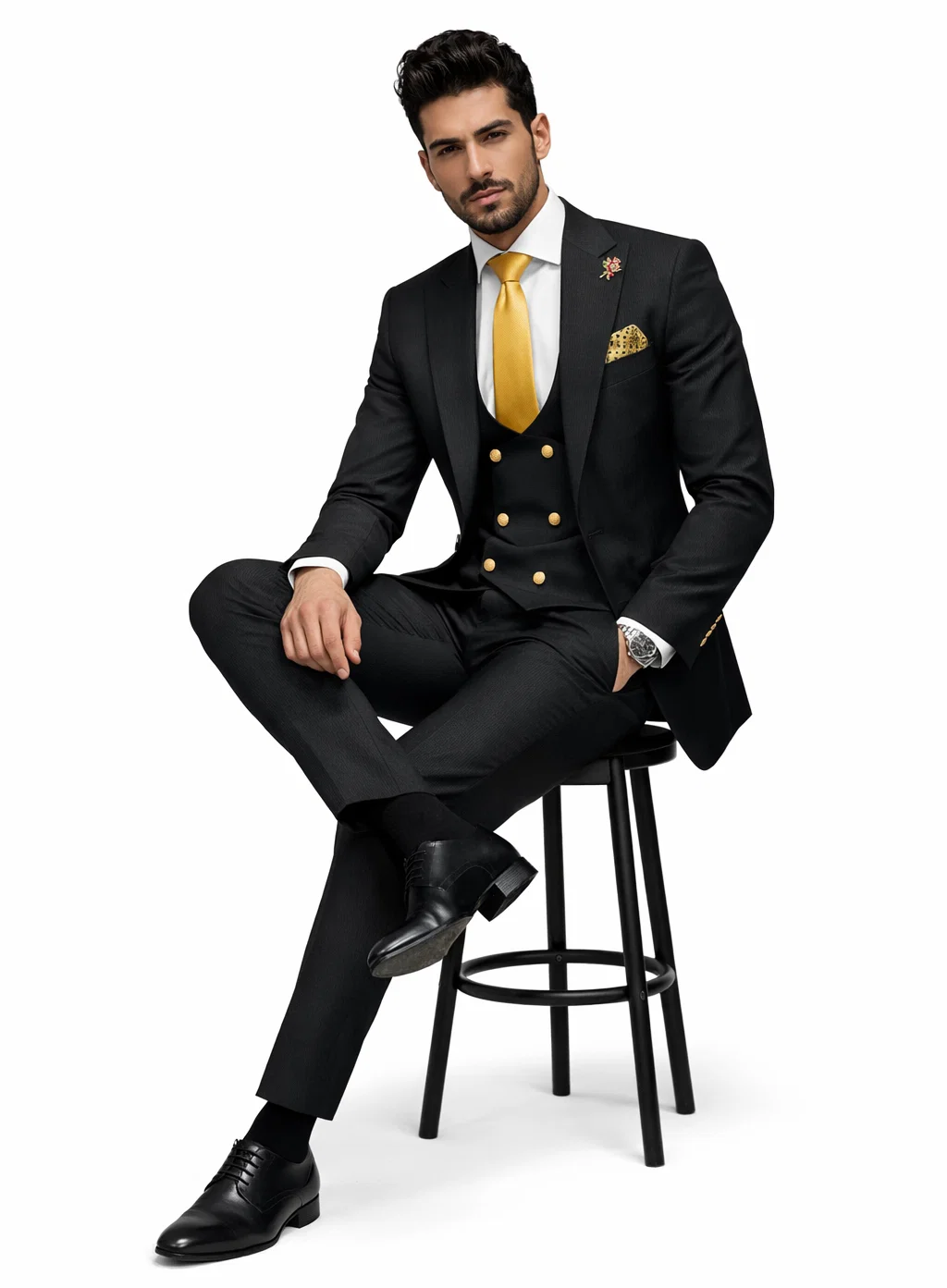 Rossi Man Mens Black Slim Fit Suit Double-Breasted Modern Classic