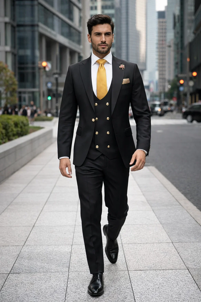 Rossi Man Mens Black Slim Fit Suit Double-Breasted Modern Classic