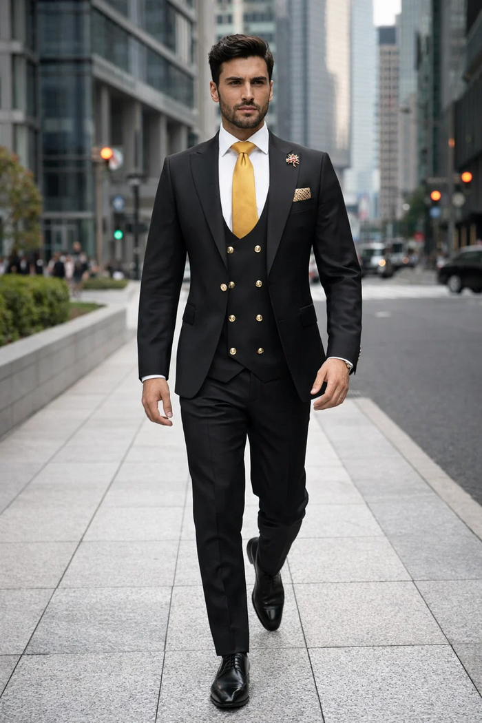 Rossi Man Mens Black Slim Fit Suit Double-Breasted Modern Classic