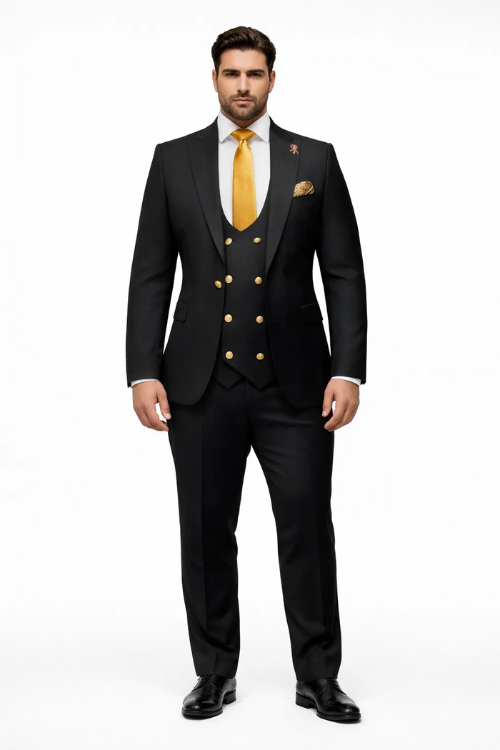 Rossi Man Mens Black Slim Fit Suit Double-Breasted Modern Classic