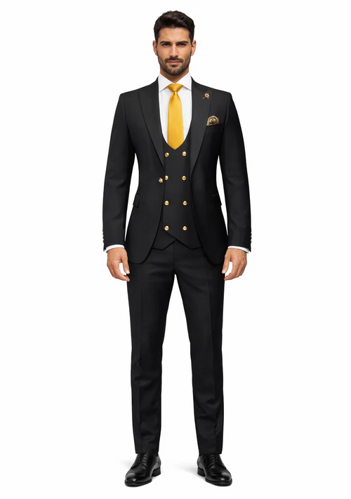 Rossi Man Mens Black Slim Fit Suit Double-Breasted Modern Classic