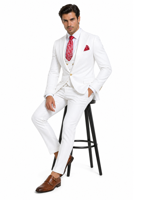 Rossi Man Slim Fit 3-Piece White Suit â€“ Peak Lapel, Double-Breasted Vest & Flat Front Pants