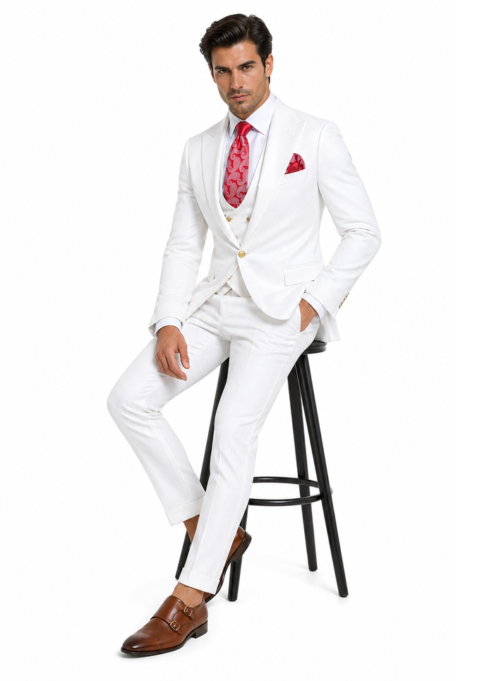 Rossi Man Slim Fit 3-Piece White Suit â€“ Peak Lapel, Double-Breasted Vest & Flat Front Pants