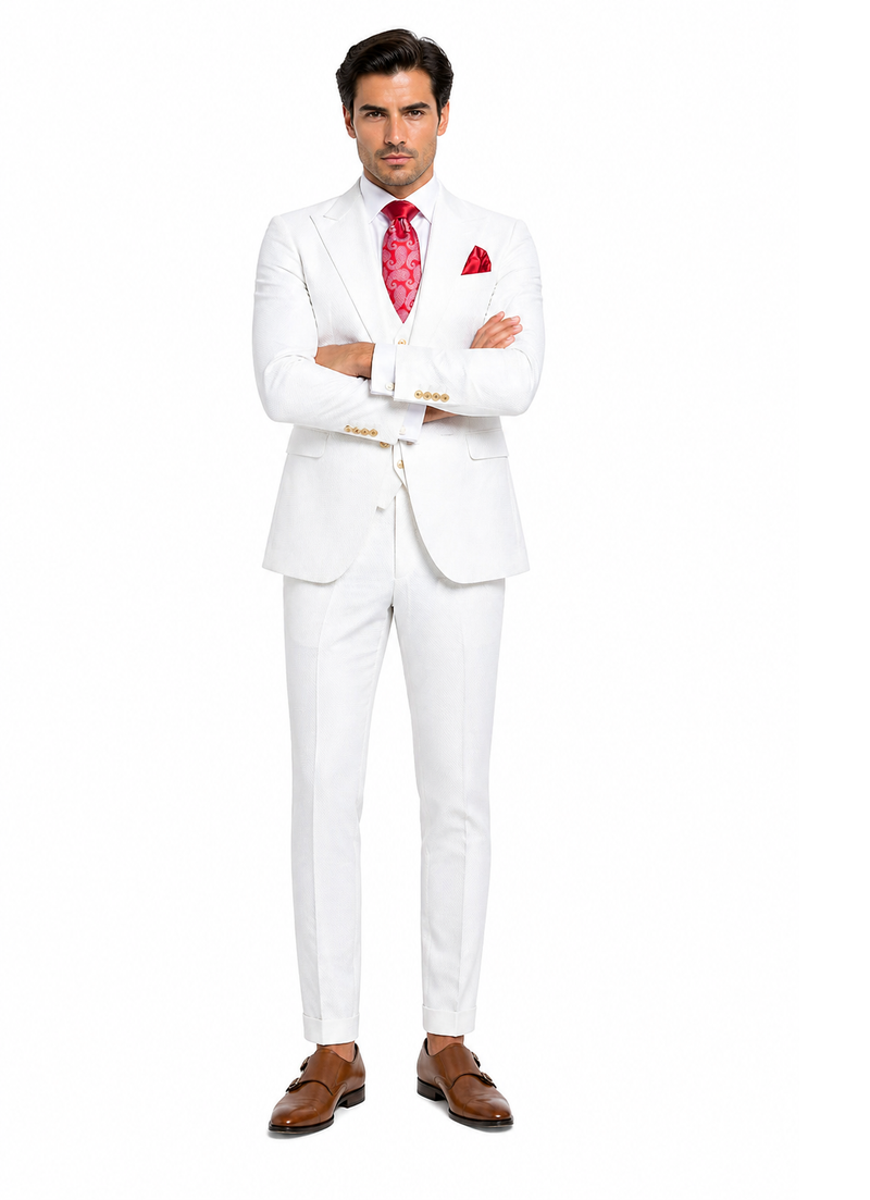 Rossi Man Slim Fit 3-Piece White Suit â€“ Peak Lapel, Double-Breasted Vest & Flat Front Pants