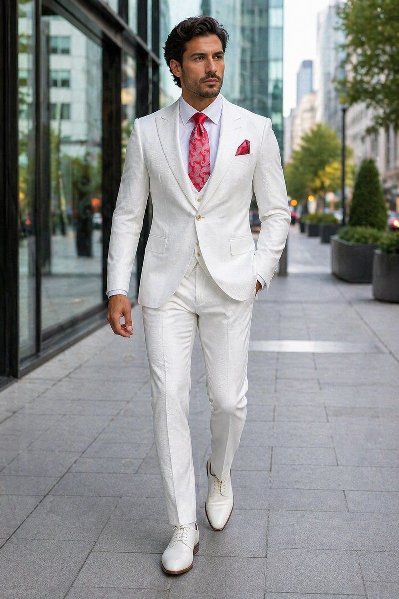 Rossi Man Slim Fit 3-Piece White Suit â€“ Peak Lapel, Double-Breasted Vest & Flat Front Pants