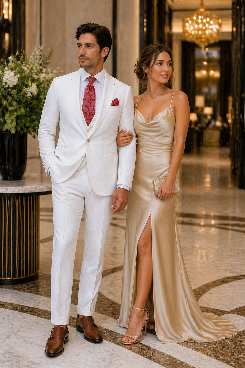 Rossi Man Slim Fit 3-Piece White Suit â€“ Peak Lapel, Double-Breasted Vest & Flat Front Pants