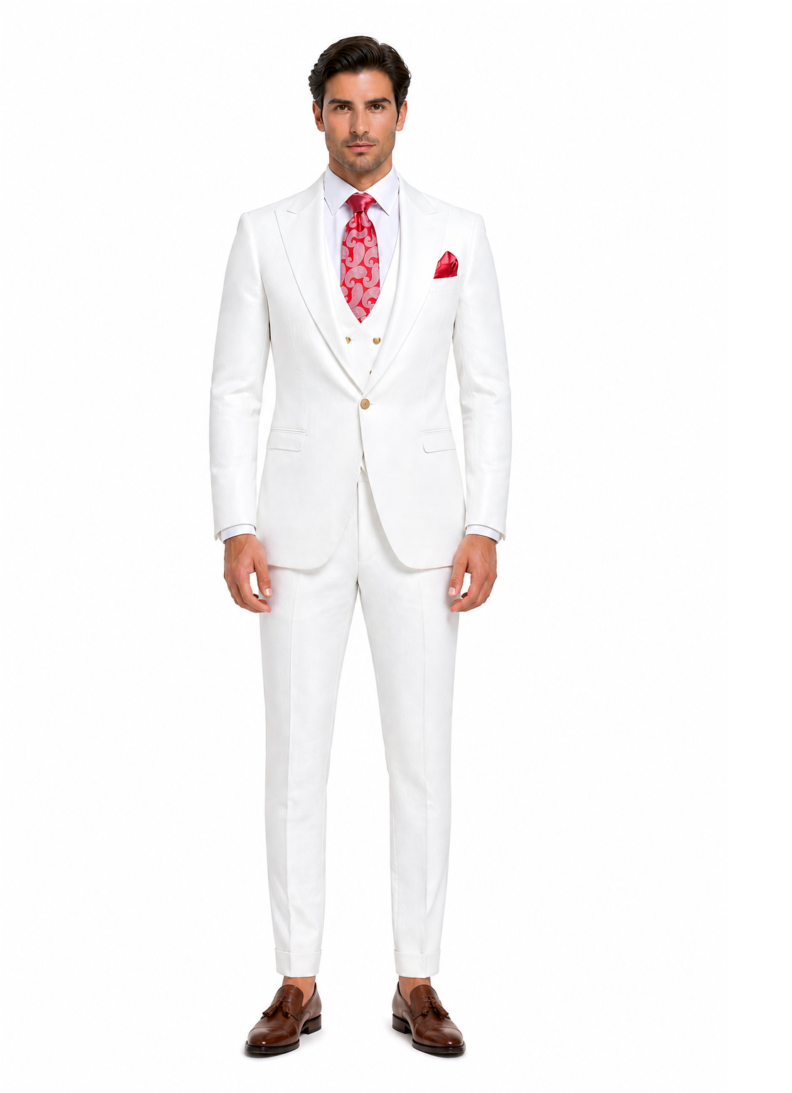 Rossi Man Slim Fit 3-Piece White Suit â€“ Peak Lapel, Double-Breasted Vest & Flat Front Pants