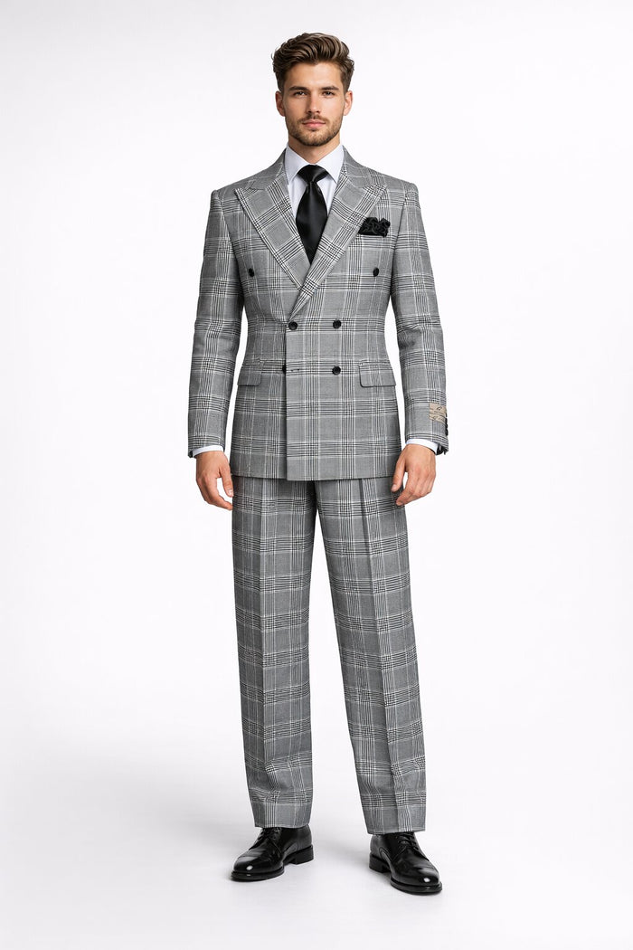 Suits With Baggy Pleated Pants - Wide Leg Pants 100% Wool - Classic Fit in Black and White Plaid Color by Rossiman