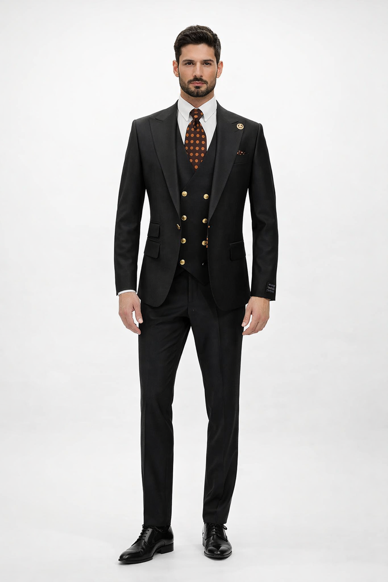Rossiman Black Suit for Men â€“ Classic 1-Button Peak Lapel Jacket & Double-Breasted Vest