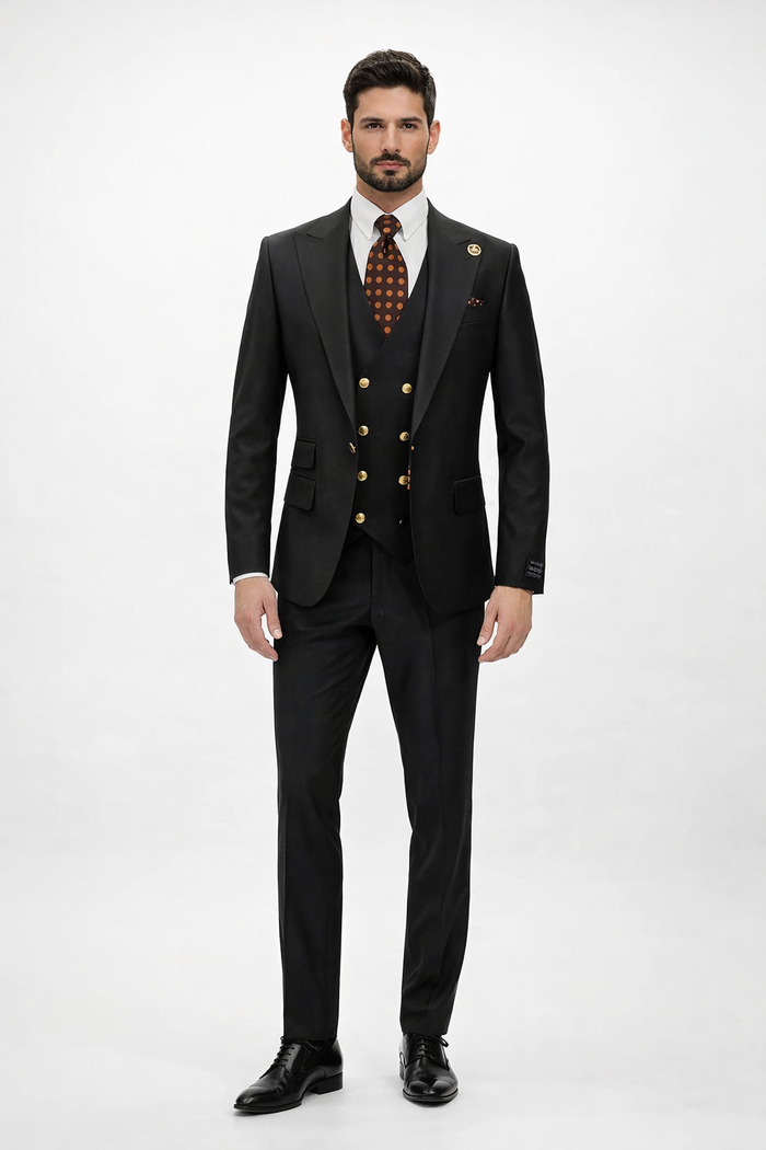 Rossiman Black Suit for Men â€“ Classic 1-Button Peak Lapel Jacket & Double-Breasted Vest