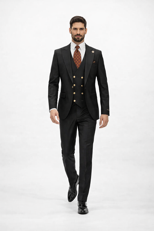 Rossiman Black Suit for Men â€“ Classic 1-Button Peak Lapel Jacket & Double-Breasted Vest