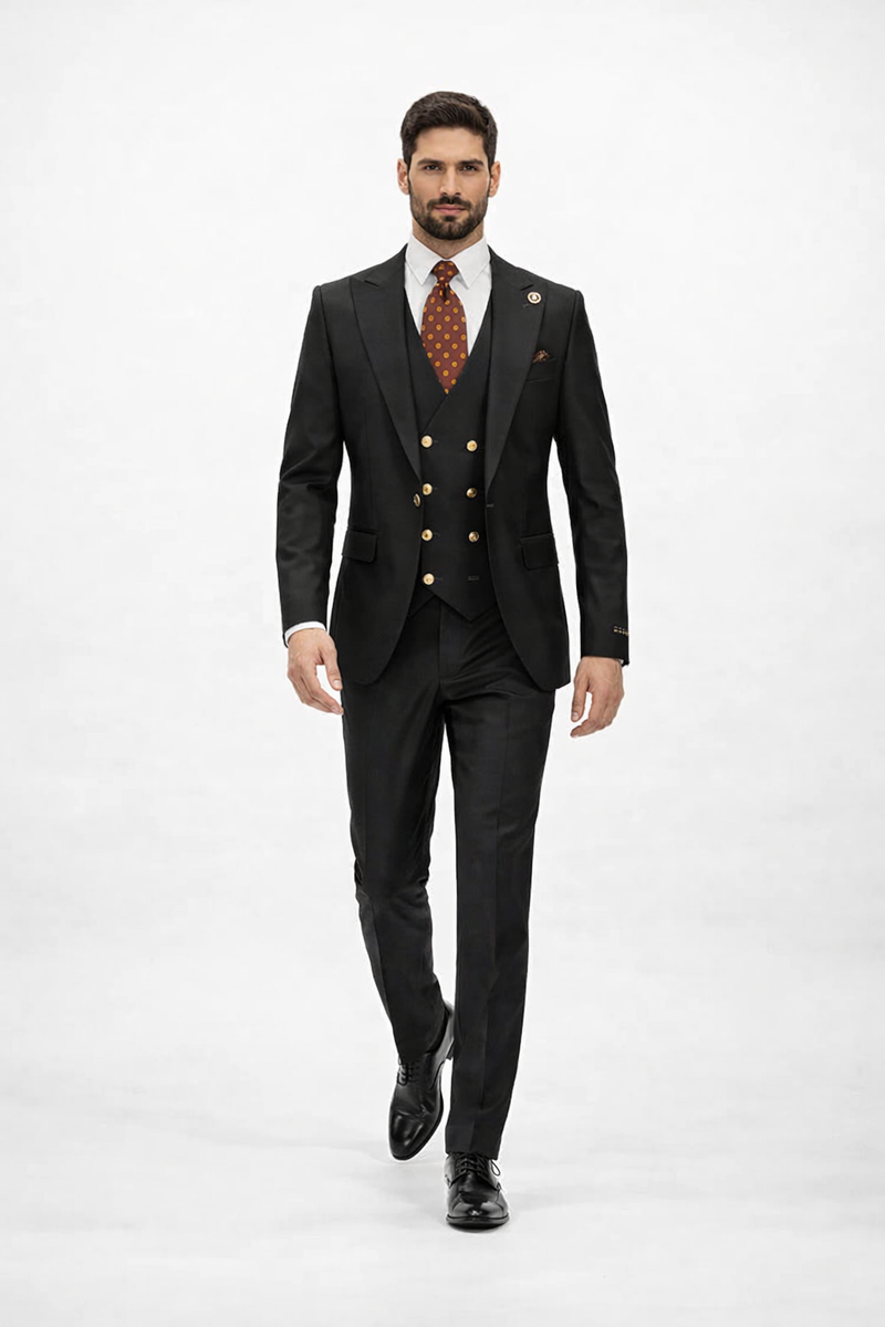 Rossiman Black Suit for Men â€“ Classic 1-Button Peak Lapel Jacket & Double-Breasted Vest
