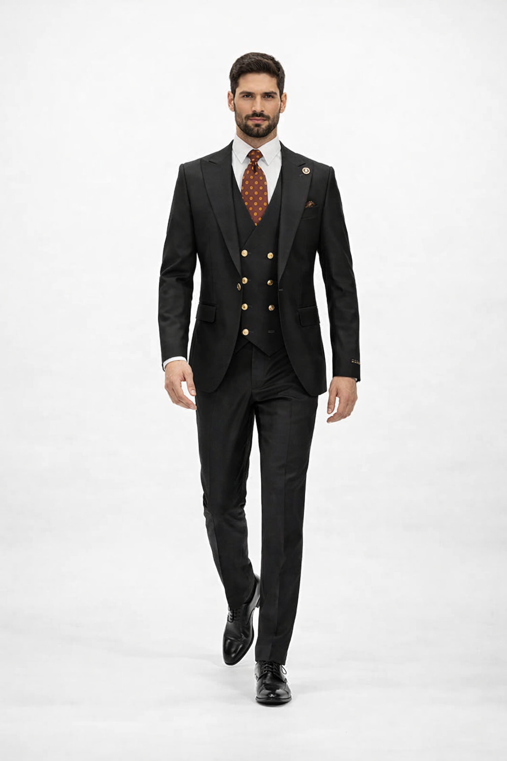 Rossiman Black Suit for Men â€“ Classic 1-Button Peak Lapel Jacket & Double-Breasted Vest