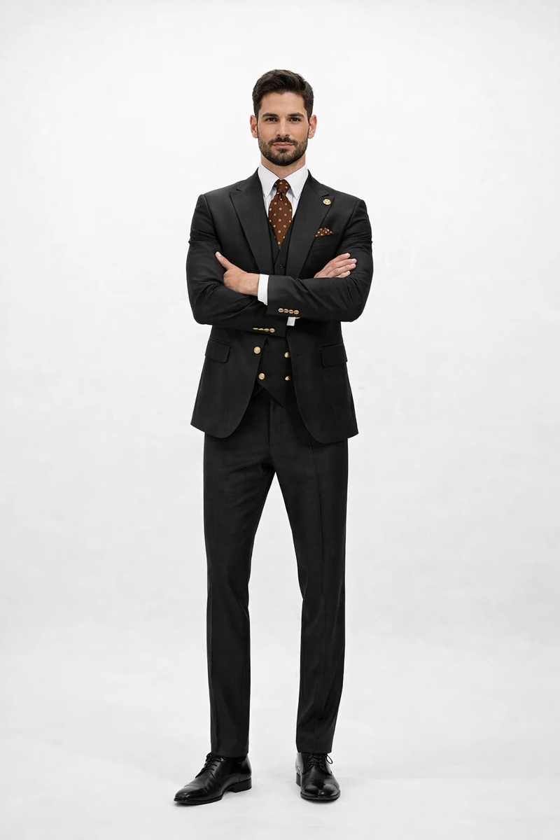 Rossiman Black Suit for Men â€“ Classic 1-Button Peak Lapel Jacket & Double-Breasted Vest