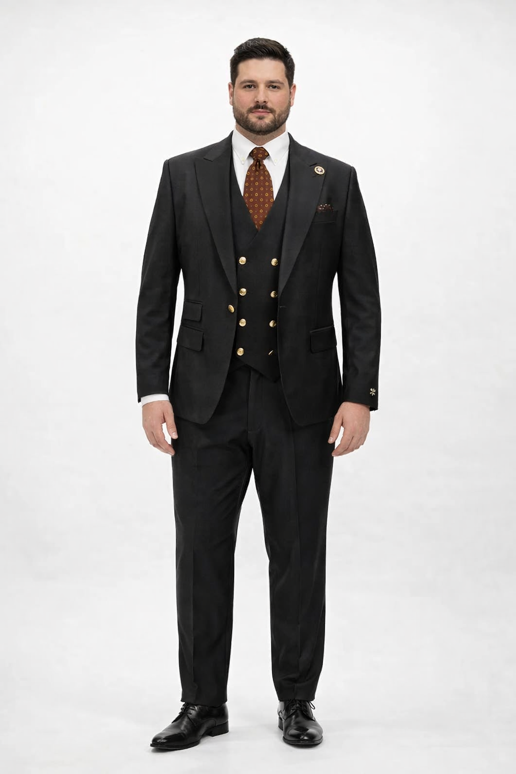 Rossiman Black Suit for Men â€“ Classic 1-Button Peak Lapel Jacket & Double-Breasted Vest