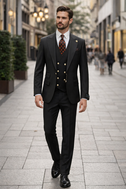 Rossiman Black Suit for Men â€“ Classic 1-Button Peak Lapel Jacket & Double-Breasted Vest