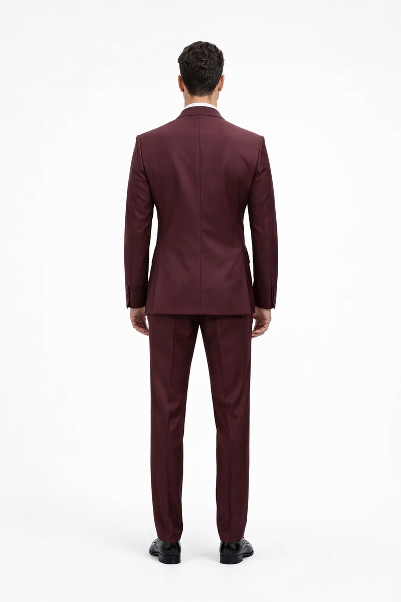 Rossiman Burgundy Suit for Men â€“ Peak Lapel 1-Button Jacket & Double-Breasted Vest