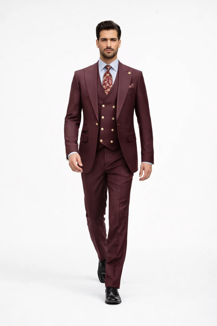 Rossiman Burgundy Suit for Men â€“ Peak Lapel 1-Button Jacket & Double-Breasted Vest