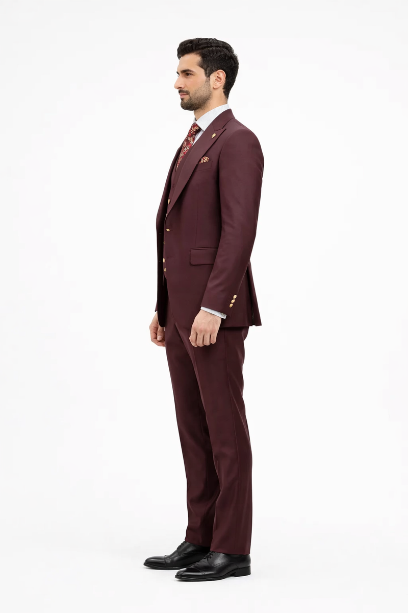 Rossiman Burgundy Suit for Men â€“ Peak Lapel 1-Button Jacket & Double-Breasted Vest