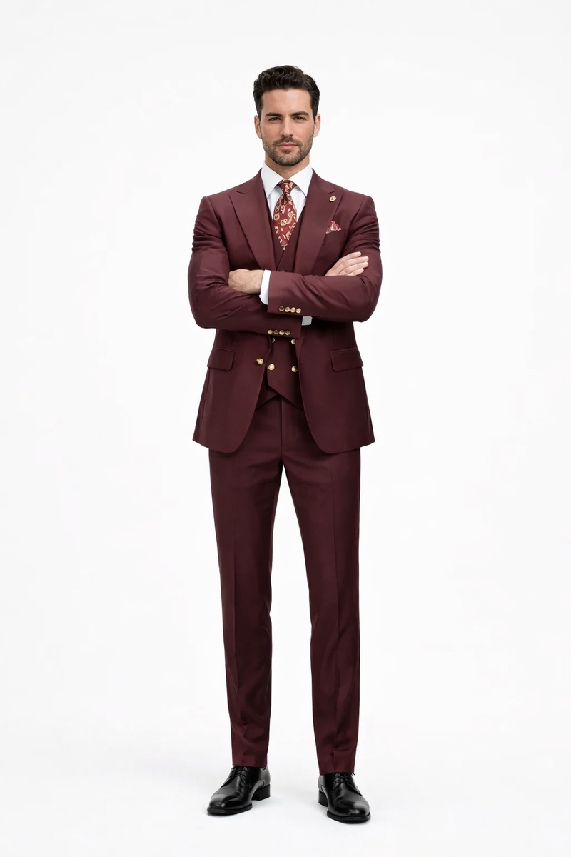 Rossiman Burgundy Suit for Men â€“ Peak Lapel 1-Button Jacket & Double-Breasted Vest