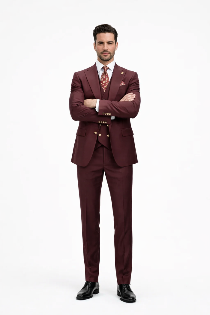 Rossiman Burgundy Suit for Men â€“ Peak Lapel 1-Button Jacket & Double-Breasted Vest
