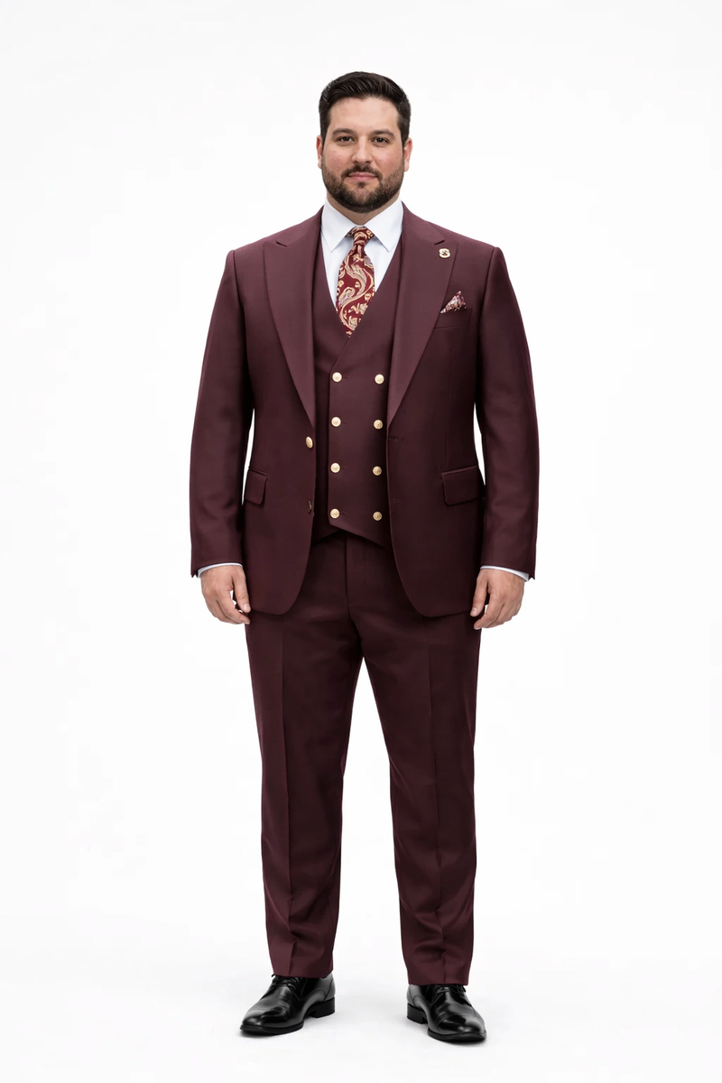 Rossiman Burgundy Suit for Men â€“ Peak Lapel 1-Button Jacket & Double-Breasted Vest