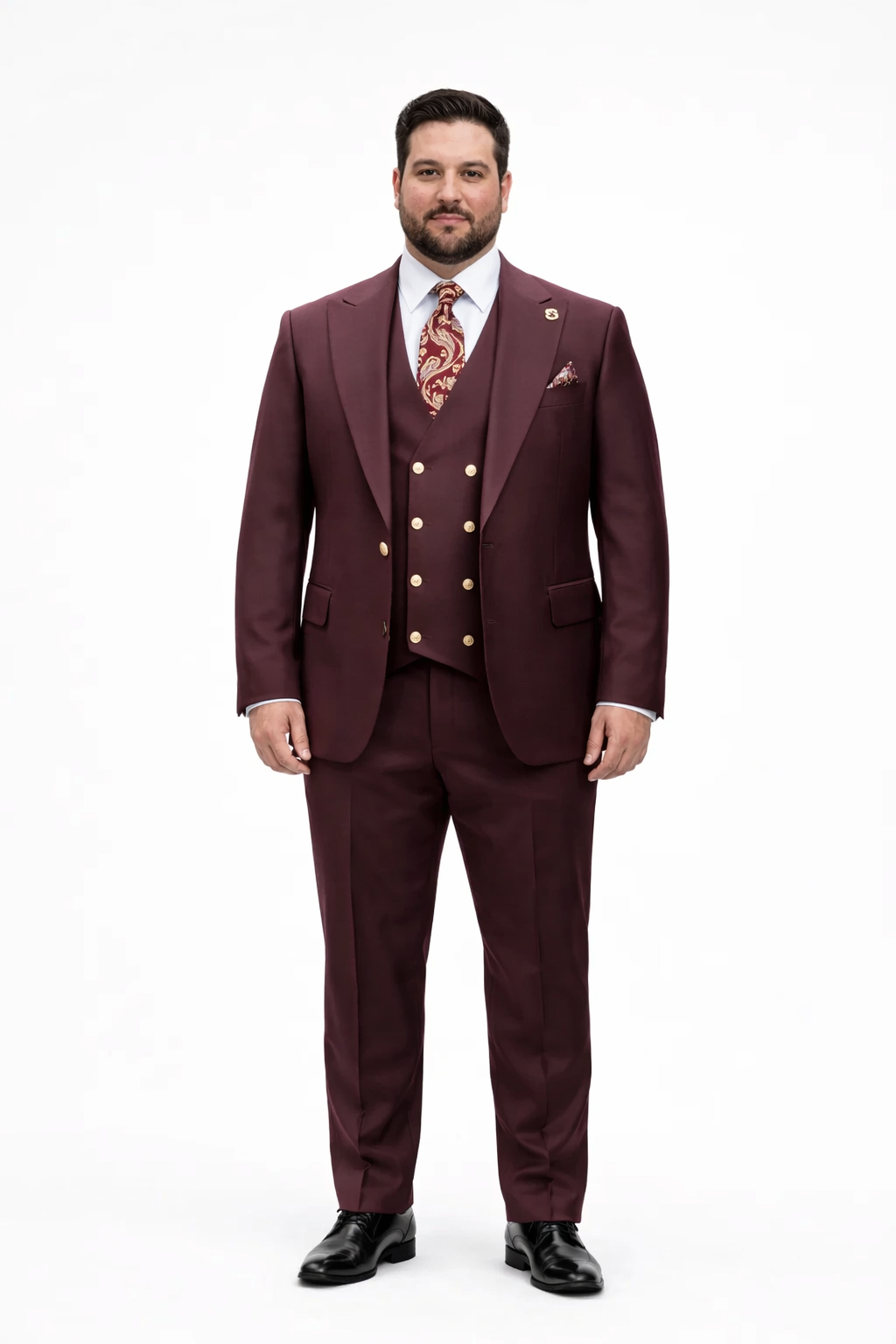 Rossiman Burgundy Suit for Men â€“ Peak Lapel 1-Button Jacket & Double-Breasted Vest