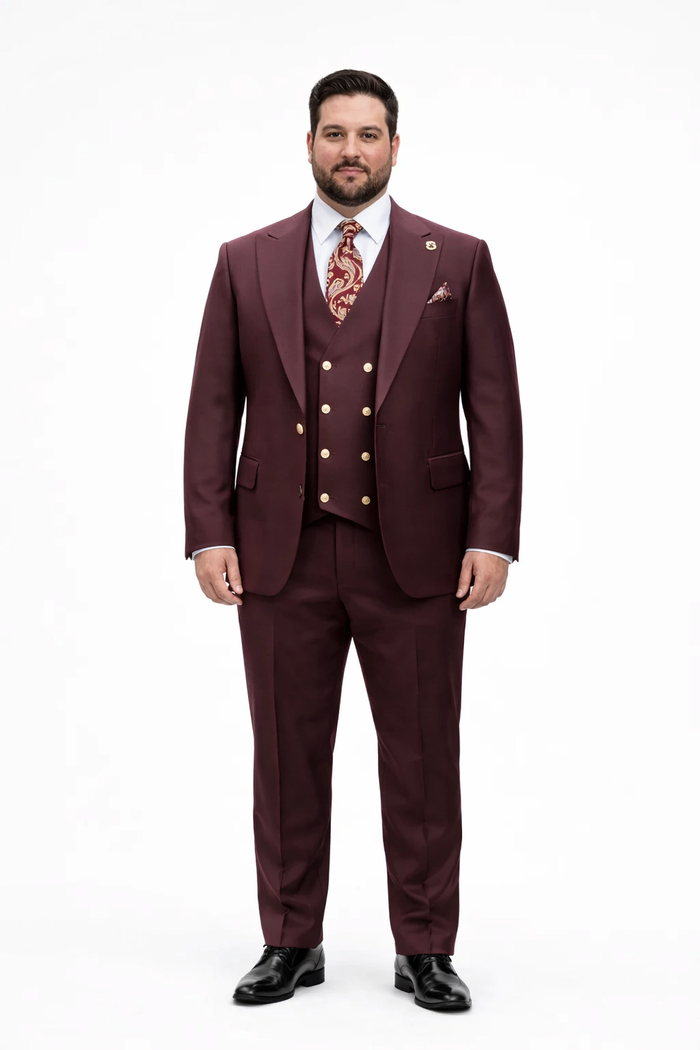 Rossiman Burgundy Suit for Men â€“ Peak Lapel 1-Button Jacket & Double-Breasted Vest