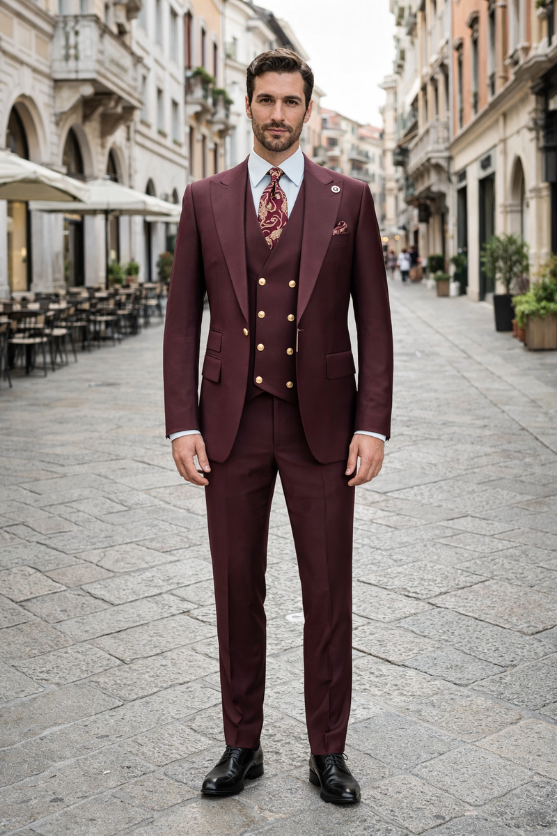 Rossiman Burgundy Suit for Men â€“ Peak Lapel 1-Button Jacket & Double-Breasted Vest