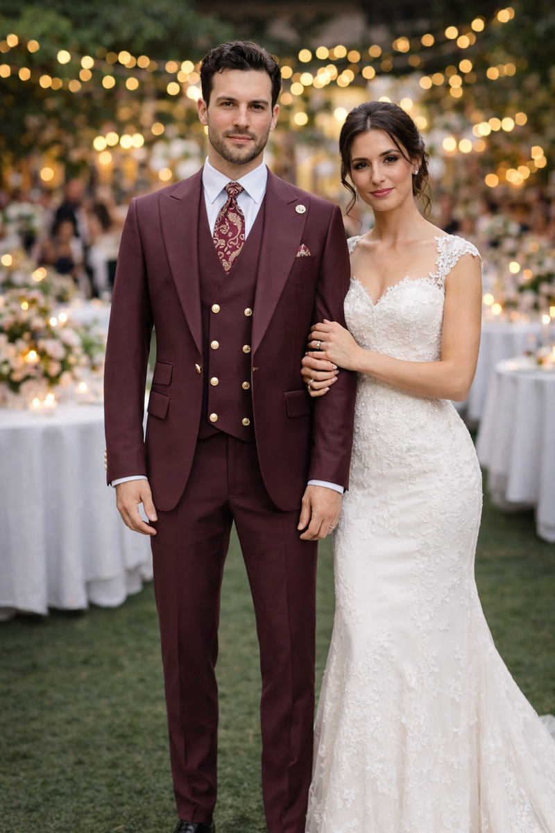 Rossiman Burgundy Suit for Men â€“ Peak Lapel 1-Button Jacket & Double-Breasted Vest