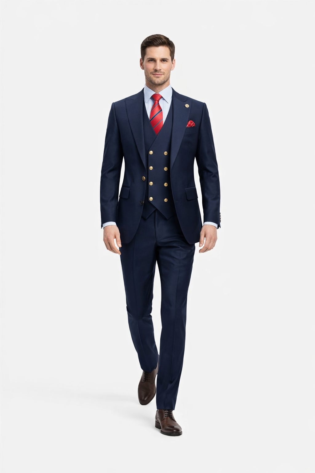 Rossiman Navy Blue Suit for Men â€“ Classic 1-Button Peak Lapel Jacket & Double-Breasted Vest