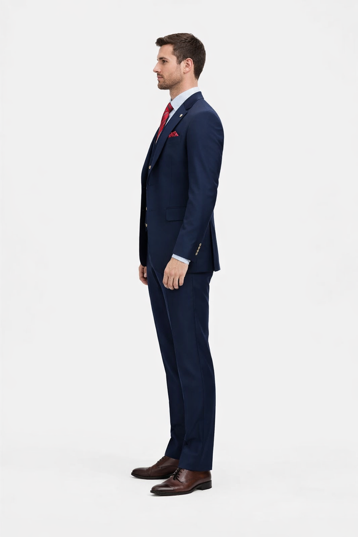 Rossiman Navy Blue Suit for Men â€“ Classic 1-Button Peak Lapel Jacket & Double-Breasted Vest