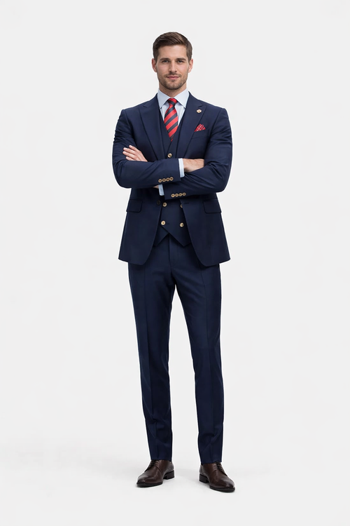 Rossiman Navy Blue Suit for Men â€“ Classic 1-Button Peak Lapel Jacket & Double-Breasted Vest