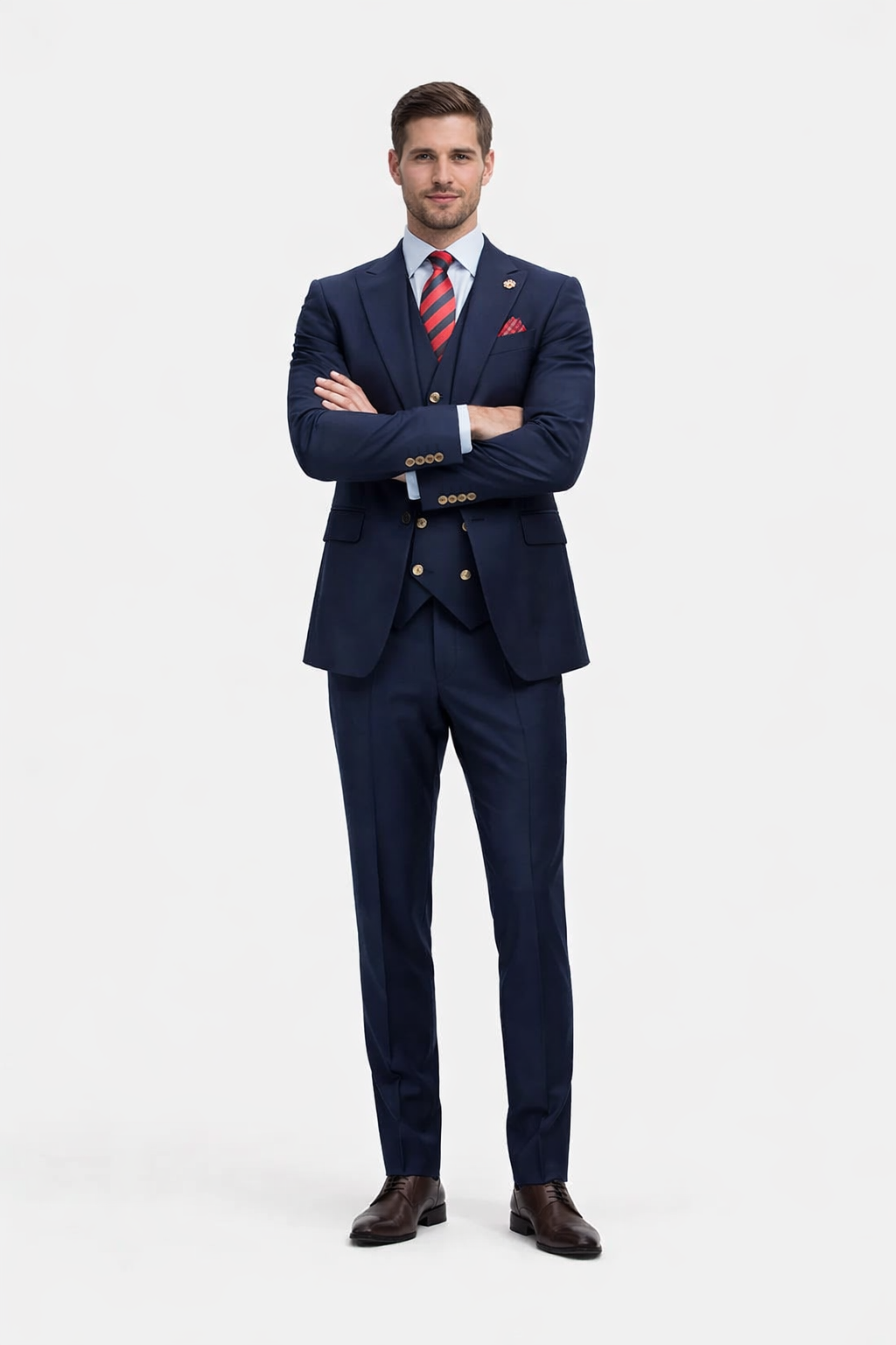 Rossiman Navy Blue Suit for Men â€“ Classic 1-Button Peak Lapel Jacket & Double-Breasted Vest
