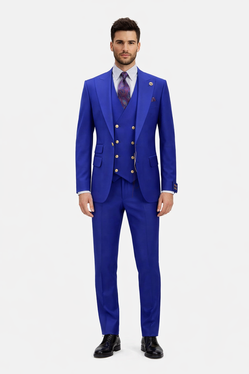 Rossiman Royal Blue Suit for Men â€“ Classic 1-Button Peak Lapel Jacket & Double-Breasted Vest