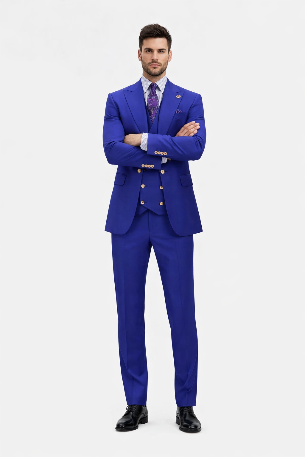 Rossiman Royal Blue Suit for Men â€“ Classic 1-Button Peak Lapel Jacket & Double-Breasted Vest