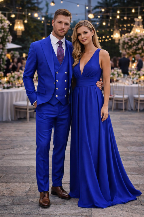 Rossiman Royal Blue Suit for Men â€“ Classic 1-Button Peak Lapel Jacket & Double-Breasted Vest