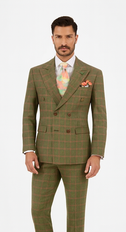 Rossiman Suit â€“ Sage Green & Burnt Orange Windowpane Plaid Double-Breasted Suit