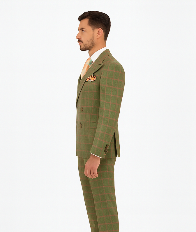 Rossiman Suit – Sage Green & Burnt Orange Windowpane Plaid Double-Breasted Suit