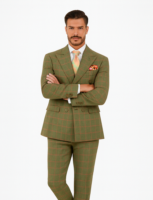 Rossiman Suit â€“ Sage Green & Burnt Orange Windowpane Plaid Double-Breasted Suit