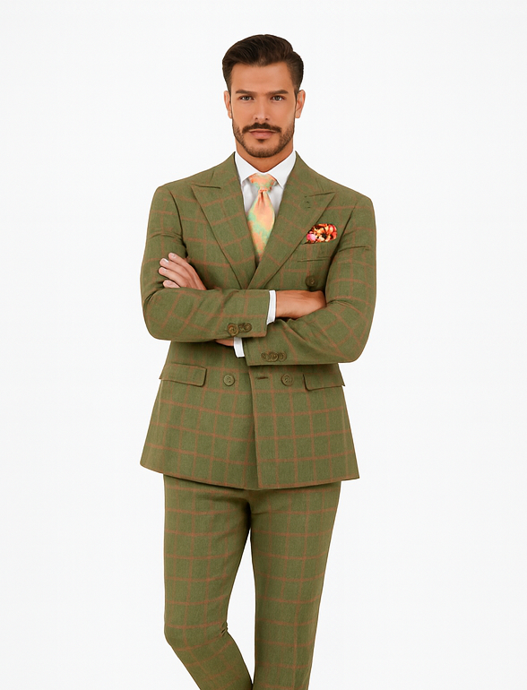 Rossiman Suit â€“ Sage Green & Burnt Orange Windowpane Plaid Double-Breasted Suit